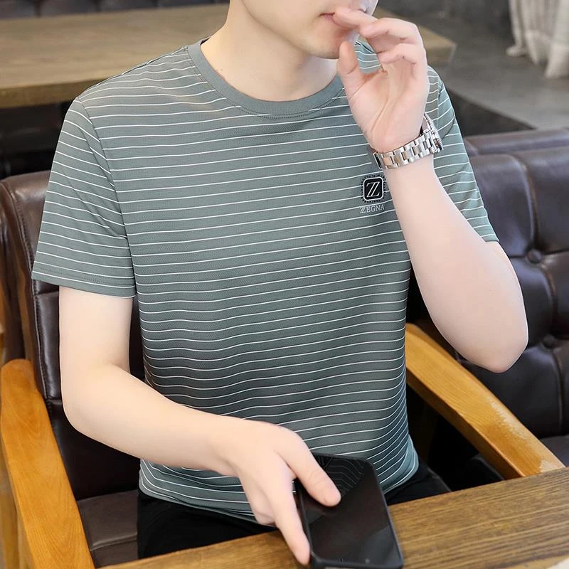 O.U.W冰丝条纹短袖T恤男士圆领透气薄款半袖体恤2025夏季新款休闲