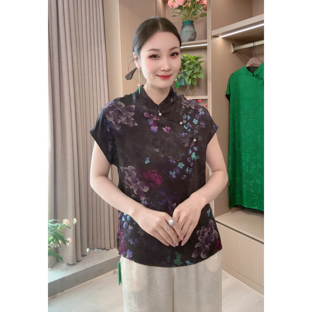【辰芳】夏季2025新款上衣小衫新中式女装国风立领提花人丝无袖衬衫