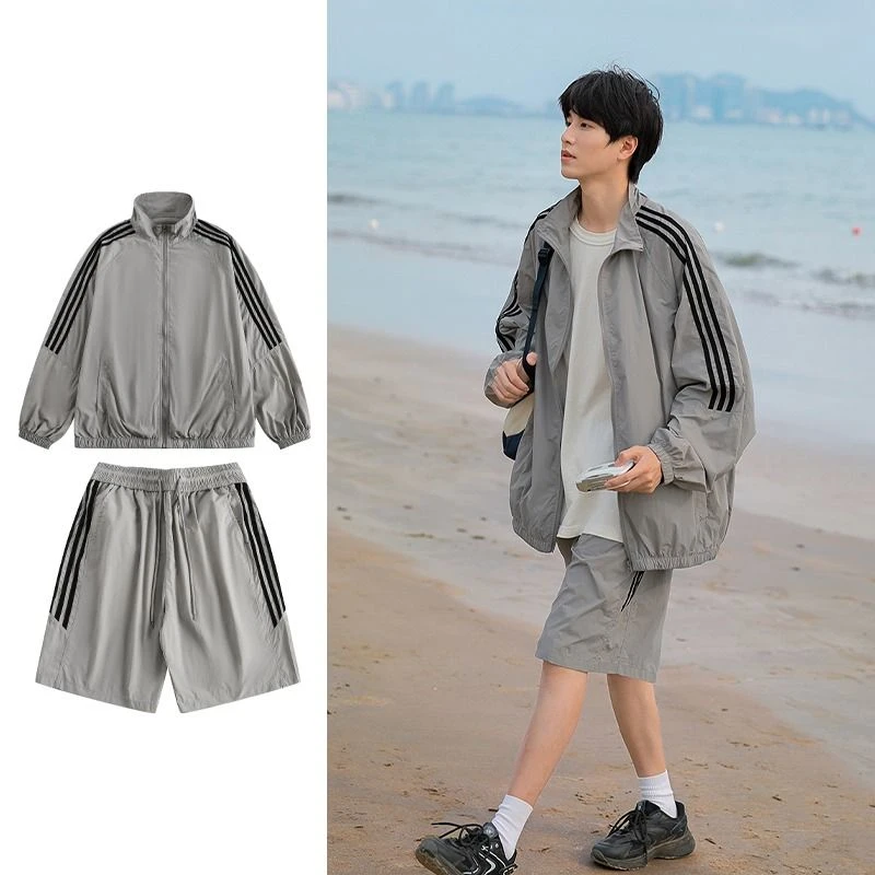 两件装/单件日系休闲三条杠防晒服夏季学生宽松情侣百搭运动套装