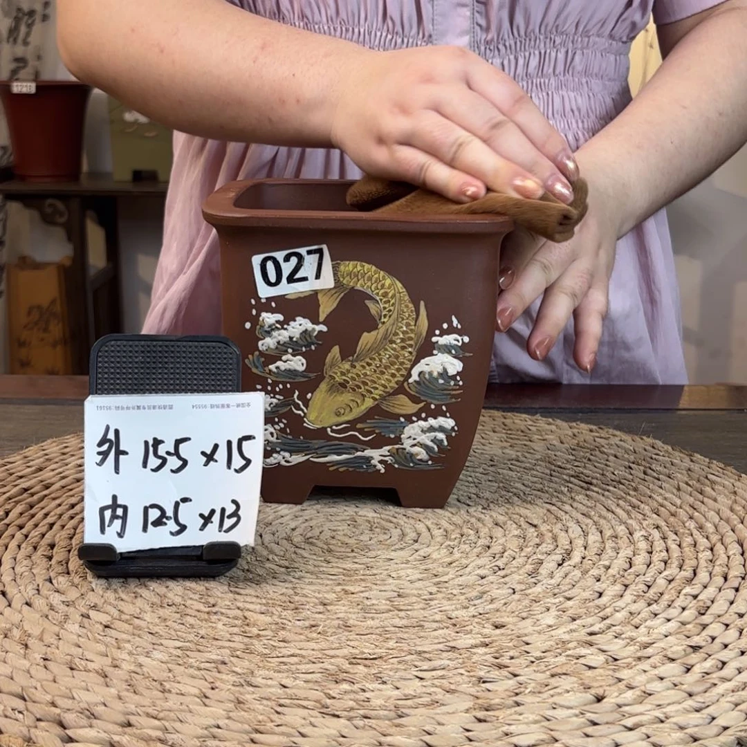 紫砂花盆 紫泥大鱼手绘四方027