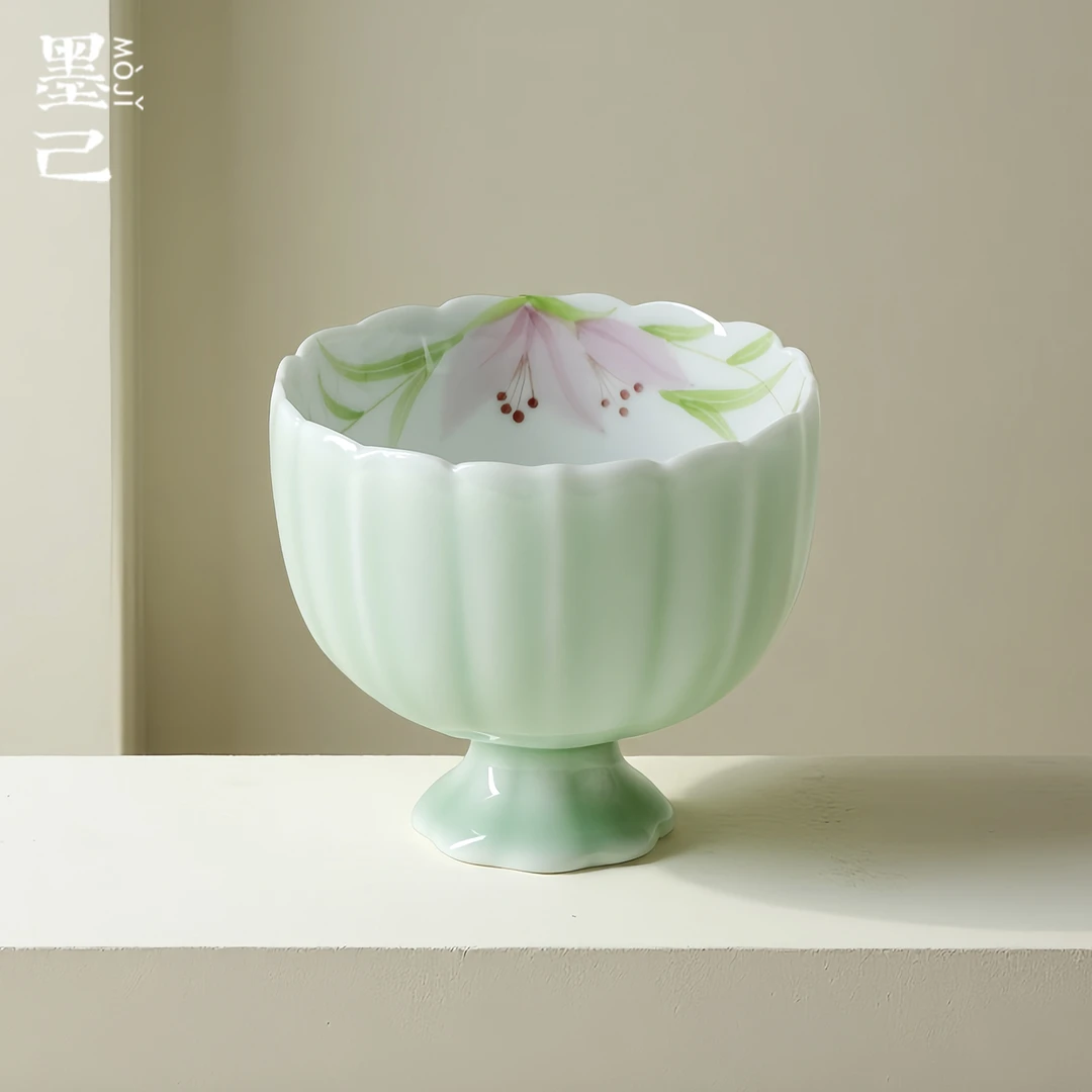 墨己远山绿手绘野百合高足主人杯功夫茶具花瓣茶杯品茗杯喝茶单杯