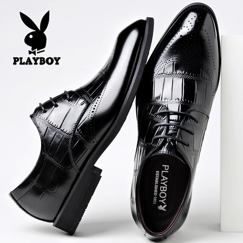 花花公子男士皮鞋真皮商务正装布洛克雕花英伦尖头黑色结婚新郎鞋