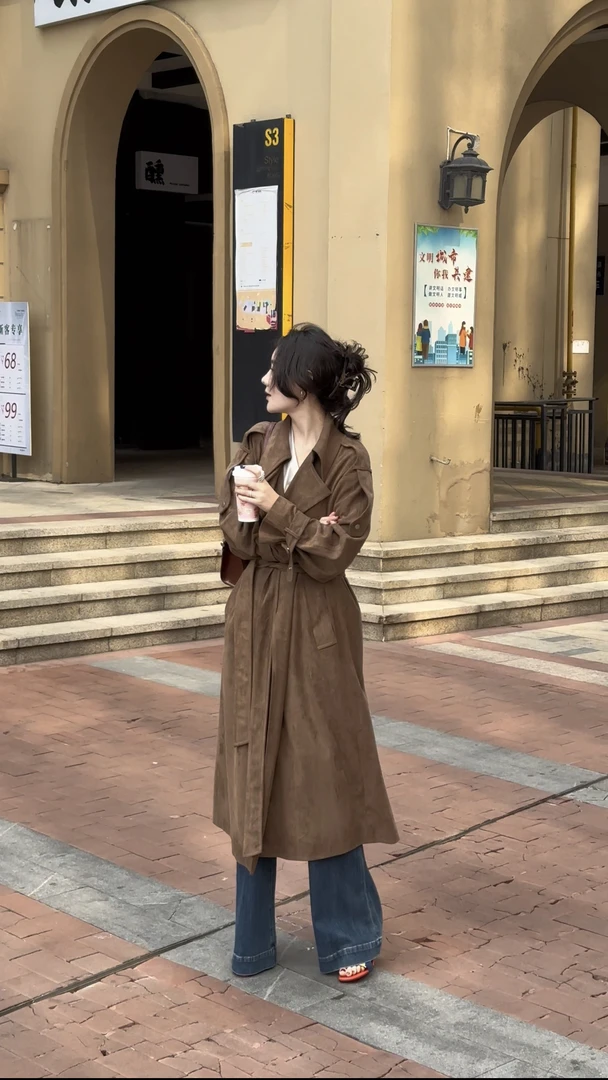 CHANGMEILI 常美丽法式气质腰带麂皮绒风衣