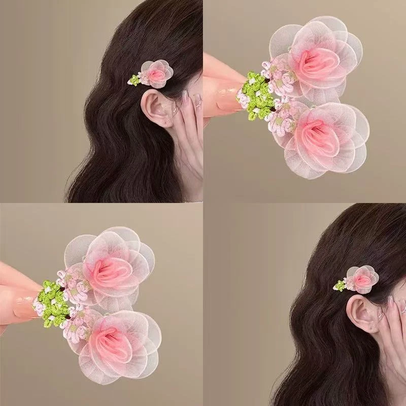 超仙网纱花朵发夹甜美田园风氛围头花刘海BB夹少女侧边夹清新头饰