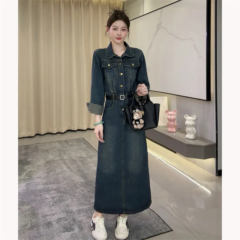 网红复古蓝长袖牛仔连衣裙女春秋新款港风显瘦宽松收腰开叉长裙子