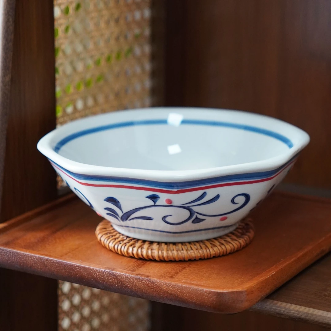 RIGEIAN/瑞涧【红豆卷草6.5寸八边碗】面碗新中式手绘高温釉下彩