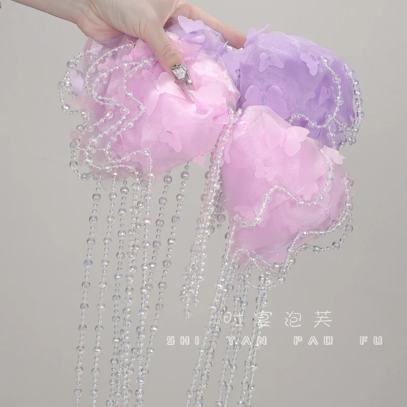 仙韵灵蝶云朵发夹蕾丝蝴蝶结弹簧夹超仙一字夹百搭流苏发饰顶夹女