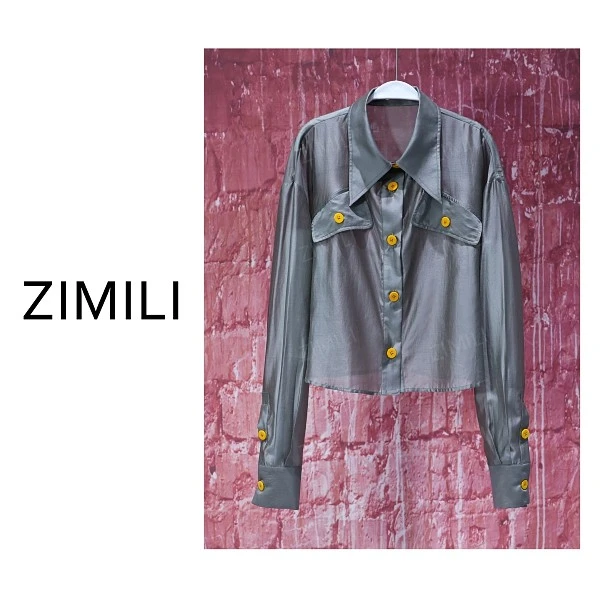 【亮哥女装】2025欧版新品灰色撞色纽扣时尚休闲气质衬衫9392-D8