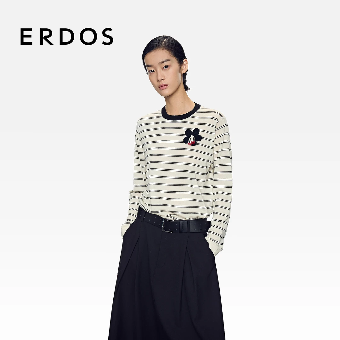 ERDOS 精纺圆领夹条女套衫25年秋冬新品装饰毛绒混纺条纹T恤上衣