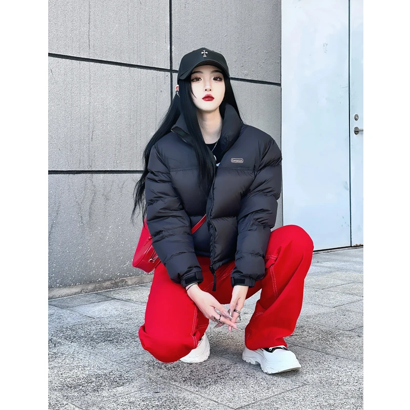 黑色短款羽绒服女2025冬季新款美式加厚立领百搭白鸭绒面包服外套