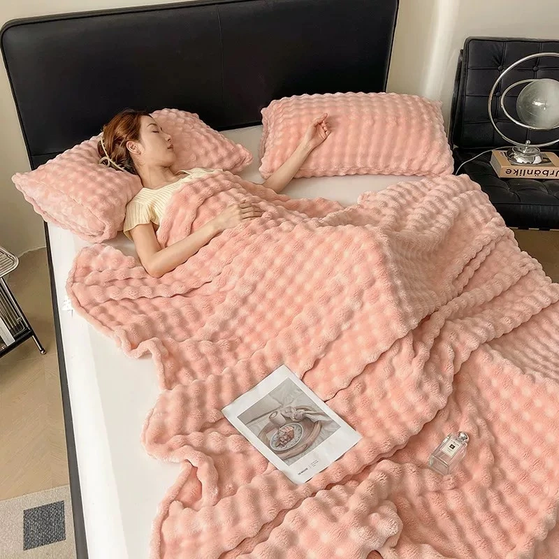 200*230cm 樱花粉泡泡绒高克重加厚保暖毛毯双面绒