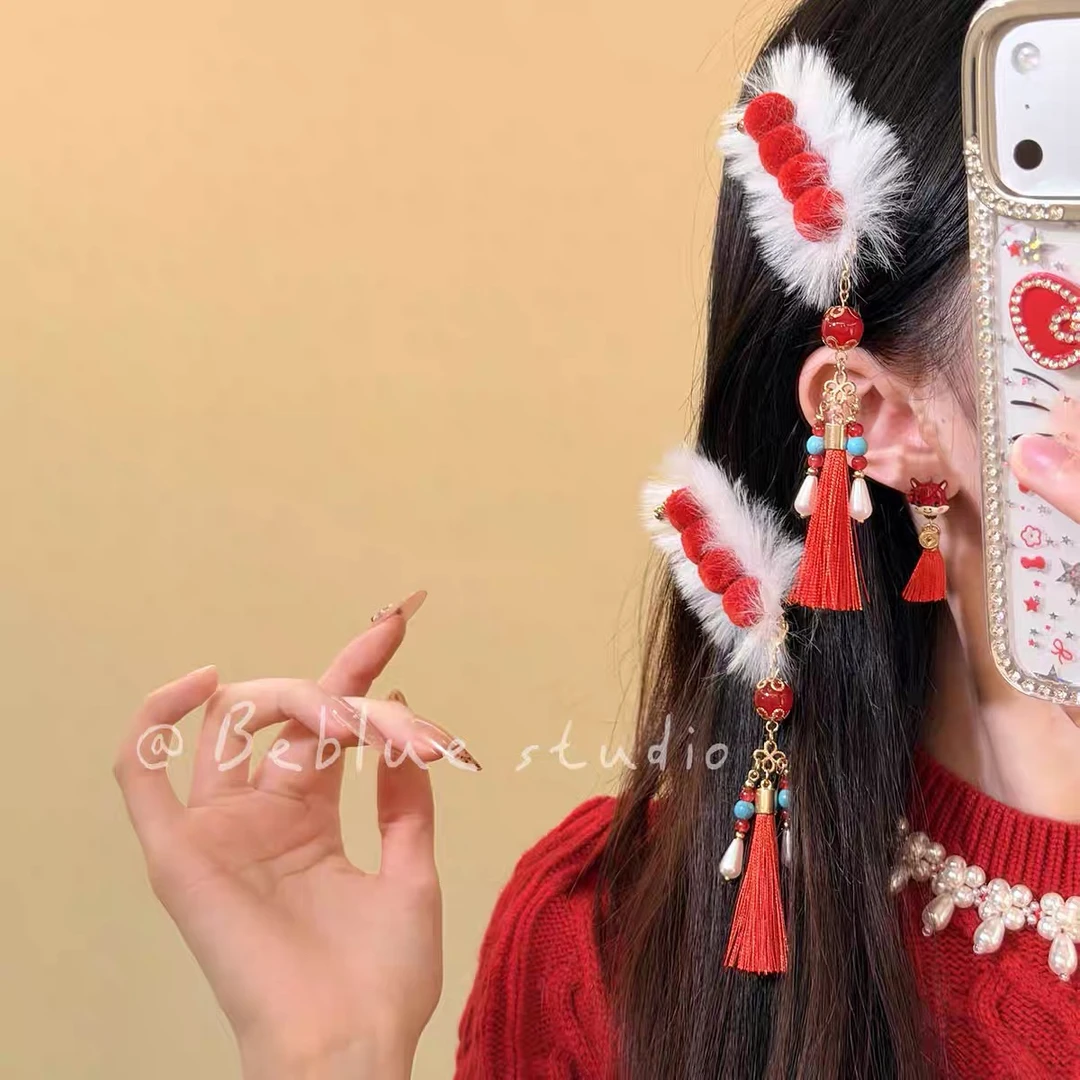 新年喜庆红色毛绒糖葫芦流苏发夹女头饰碎发刘海侧边夹