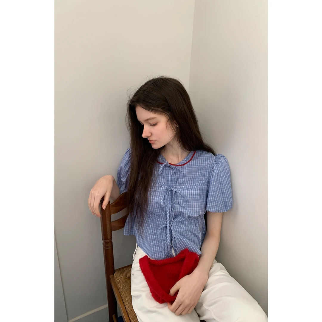 EGGKA 短款泡泡袖蝴蝶结绑带格子衬衫气质甜美上衣 E25A6407YM