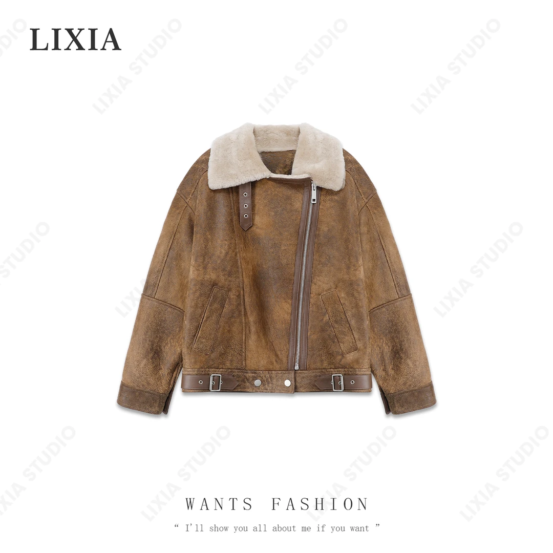 LIXIA【奢宠冬日】西班牙美利奴拉链设计翻领皮毛一体皮衣-A7373