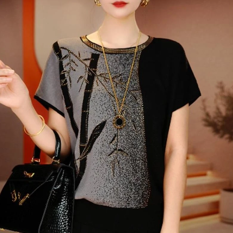 2025夏季新款圆领短袖针织透气T恤女士民族风复古风中年妈妈上衣