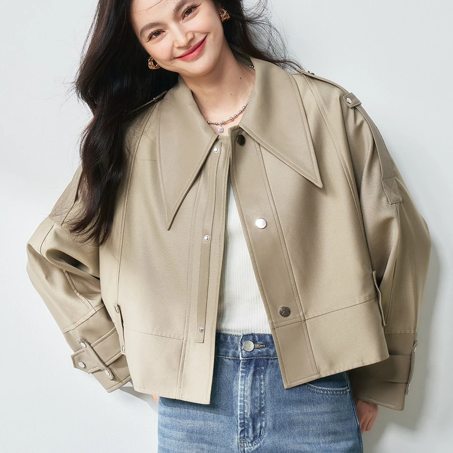 25年秋季短风衣斜纹皮革雅丹风翻领排扣百搭短款夹克春秋秋冬