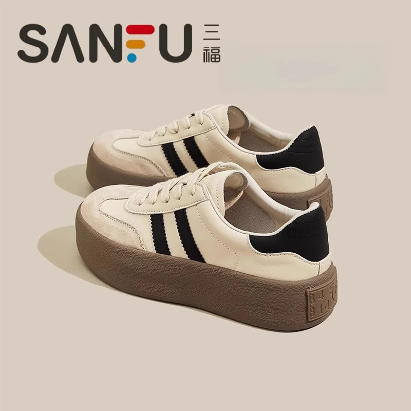 三福运动鞋厚底时尚休闲板鞋女2025年春季新款软底增高德训鞋女鞋