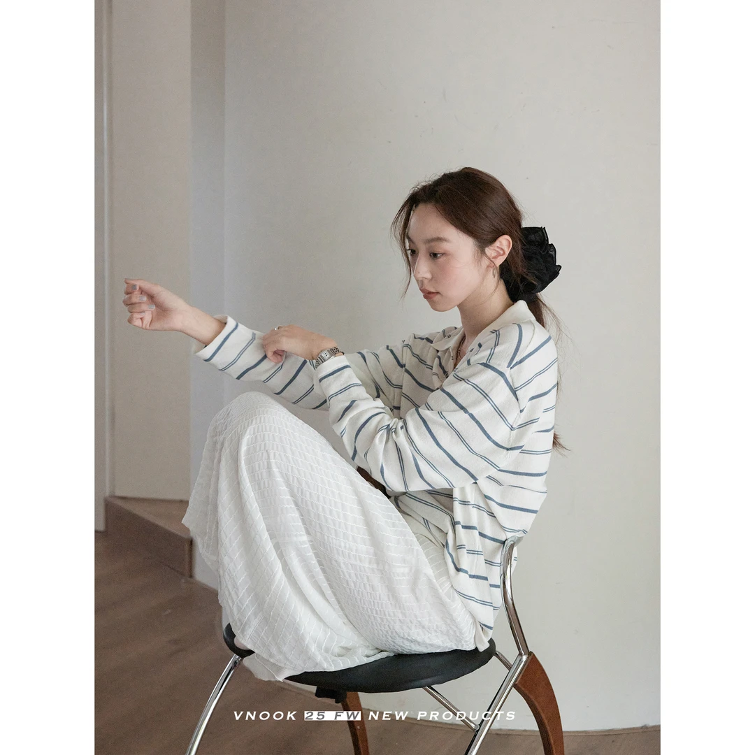 vnook条纹polo长袖针织衫女秋新款2025莱赛尔混纺韩系针织上衣t恤