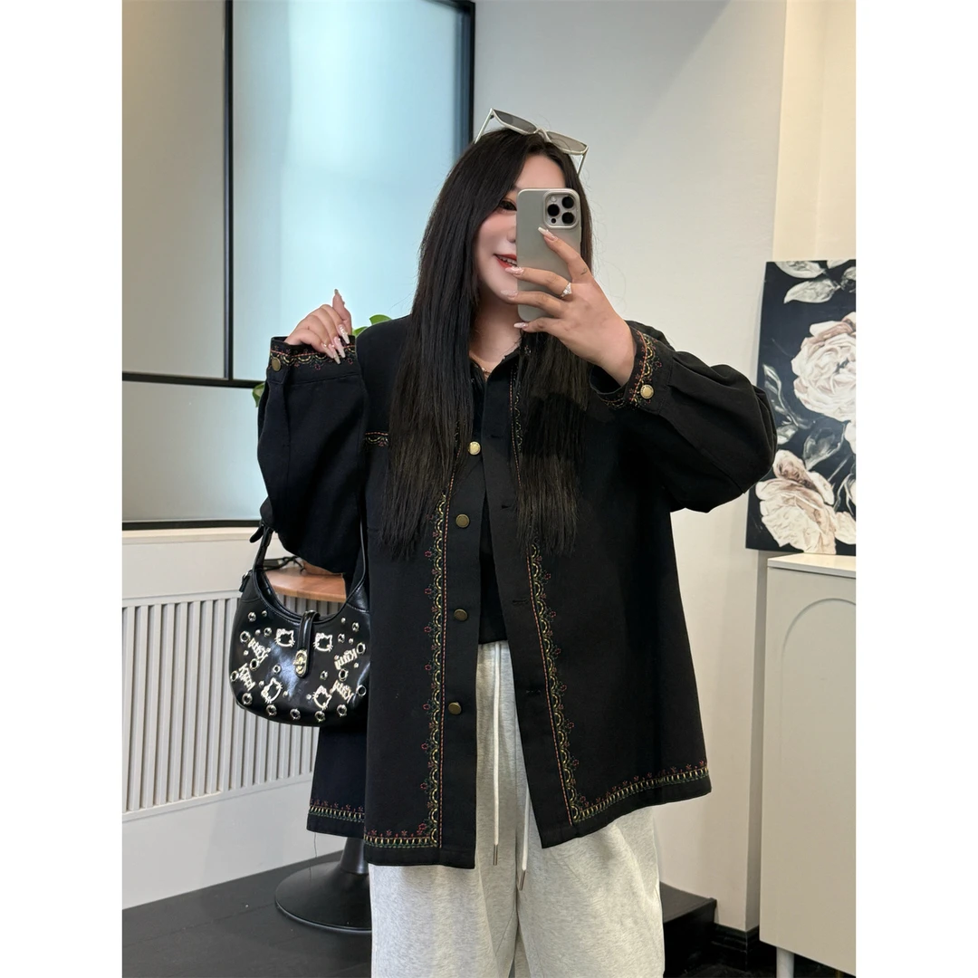 大码女装秋季花契200斤胖mm废土风重工洗水粗斜纹牛仔外套8576-H
