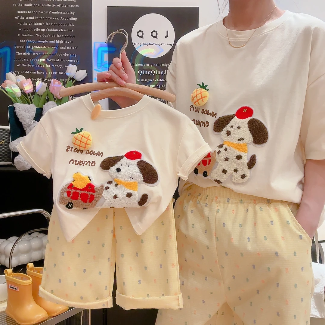 【水果小狗】25新亲子装儿童T恤套装彩虹波点格子裤夏季短袖长袖T恤