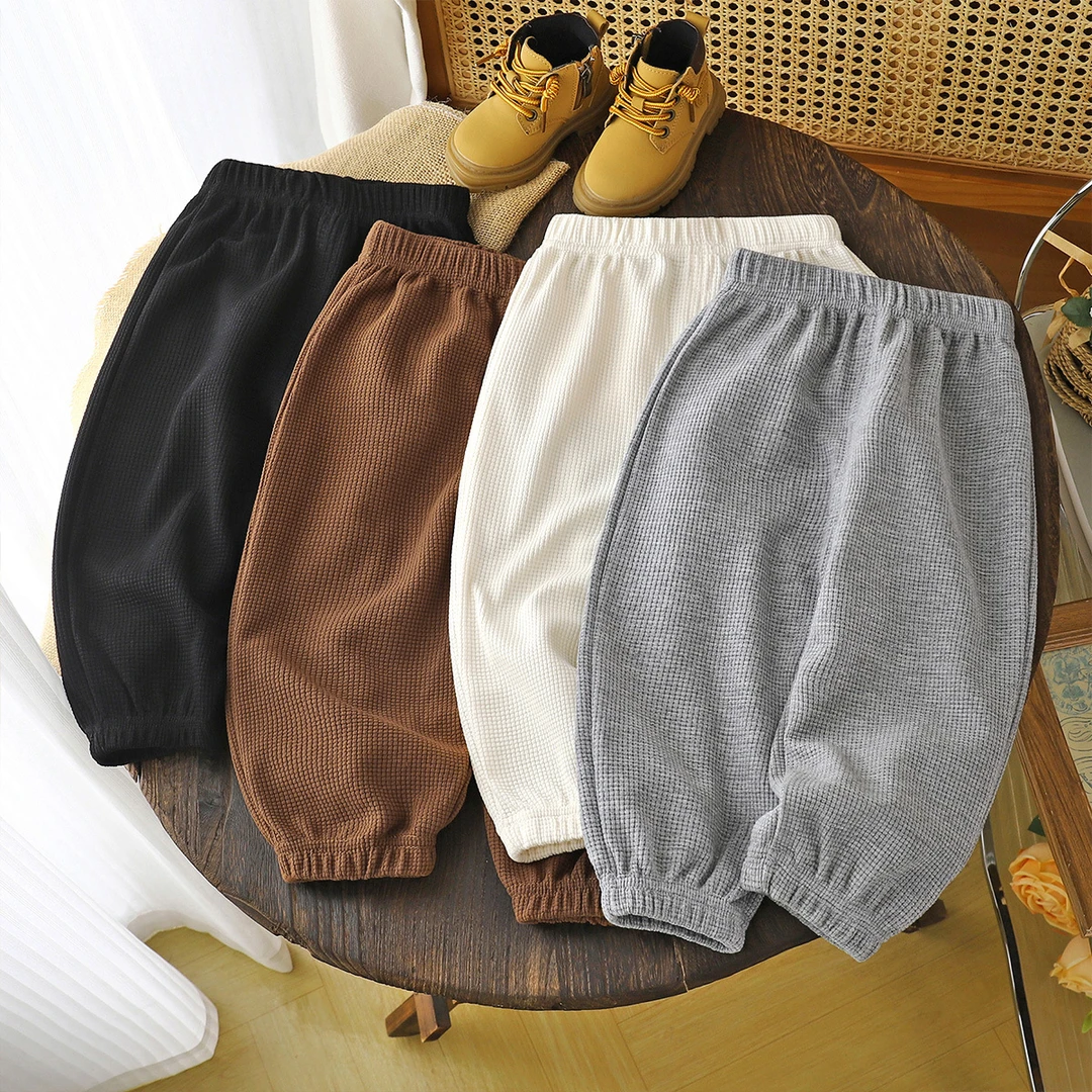 儿童秋季新款2025舒适纯色华夫格运动休闲束脚裤男童时尚韩版长裤