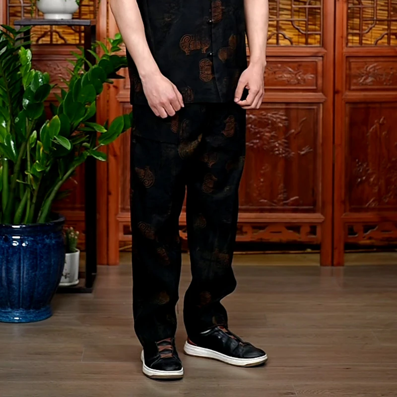 重磅蛟萝香云纱裤子男全松紧腰宝鼎纹双面穿中腰直通休闲长裤潮