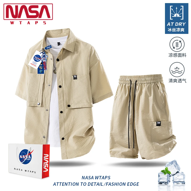 NASA WTAPS工装衬衫套装男夏季冰丝凉感短袖短裤休闲运动两件套潮