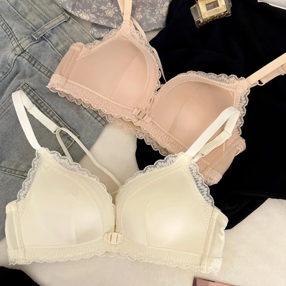 甜贝侣小胸聚拢前扣内衣女防下垂上托收副乳性感蕾丝绸缎美背文胸