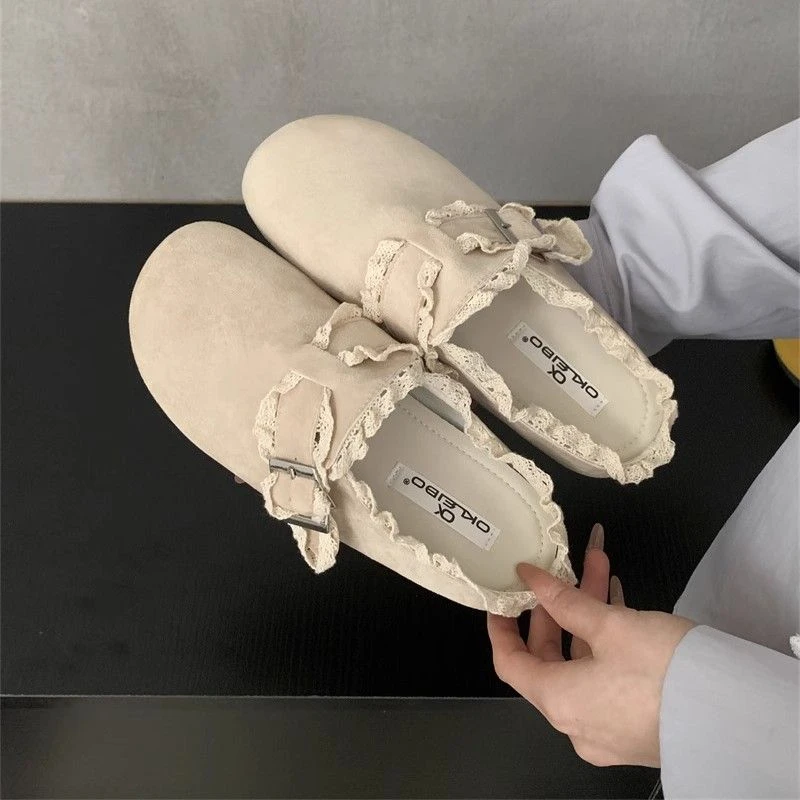 新款勃肯半拖鞋复古纯色蕾丝包头拖平底鞋春季网红防滑厚底百搭女