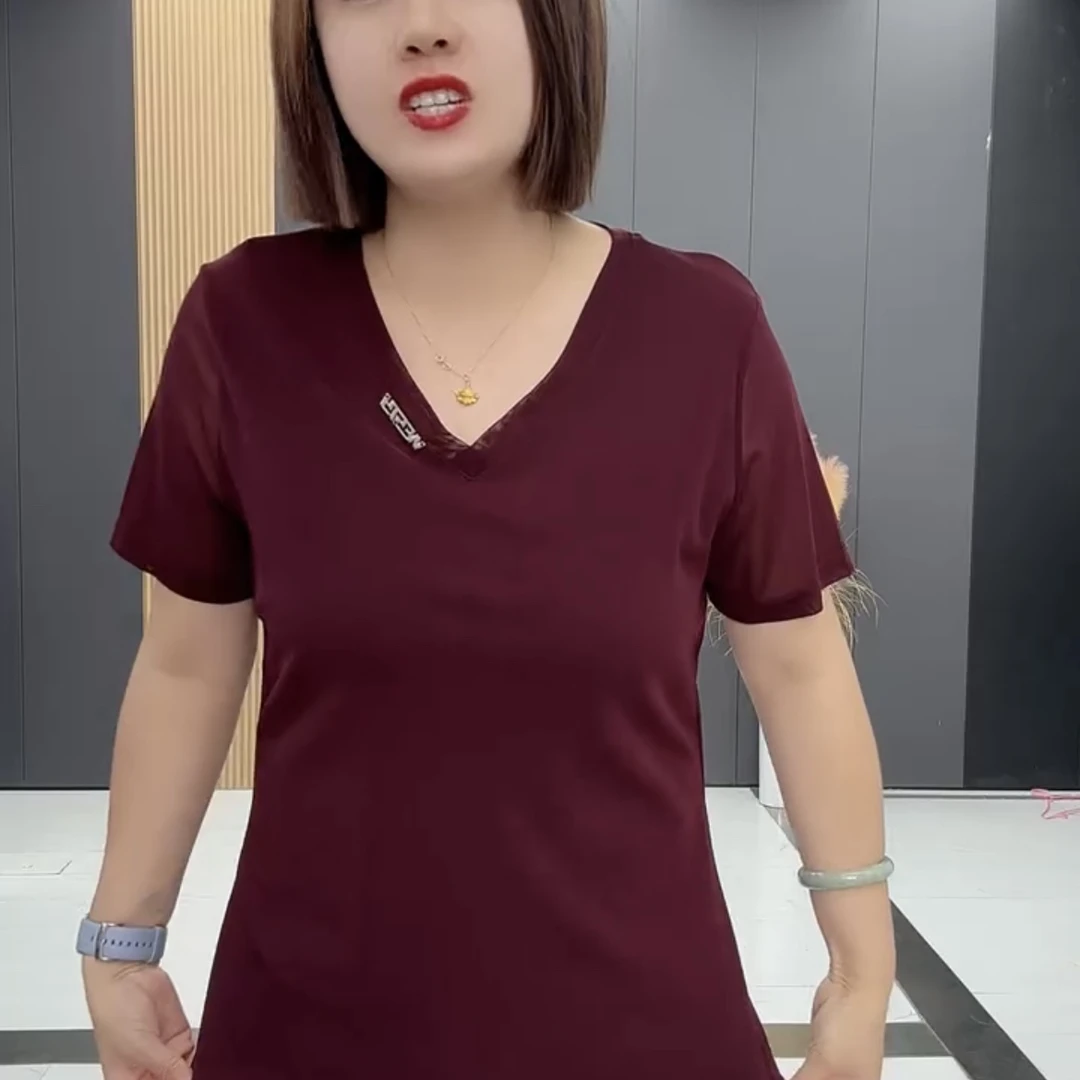 鑫家3055夏季新款大码网纱半袖纯色净版V领