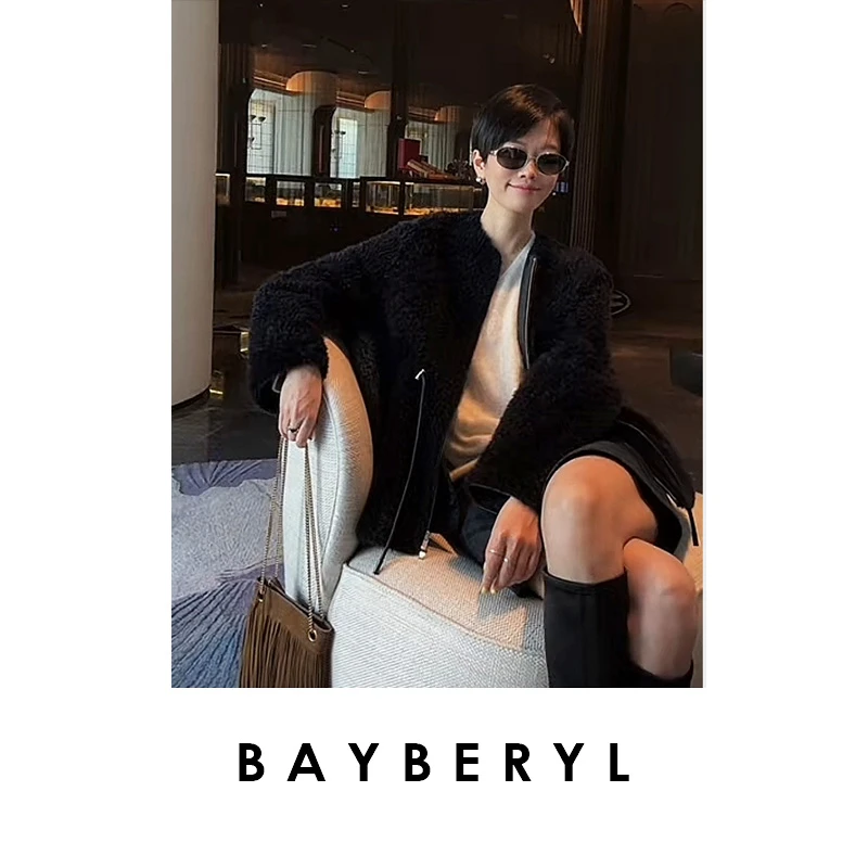 CC12-BAYBERYL老贝穆尼*抽绳圆领藏青25秋冬一体皮衣 PY5I1342
