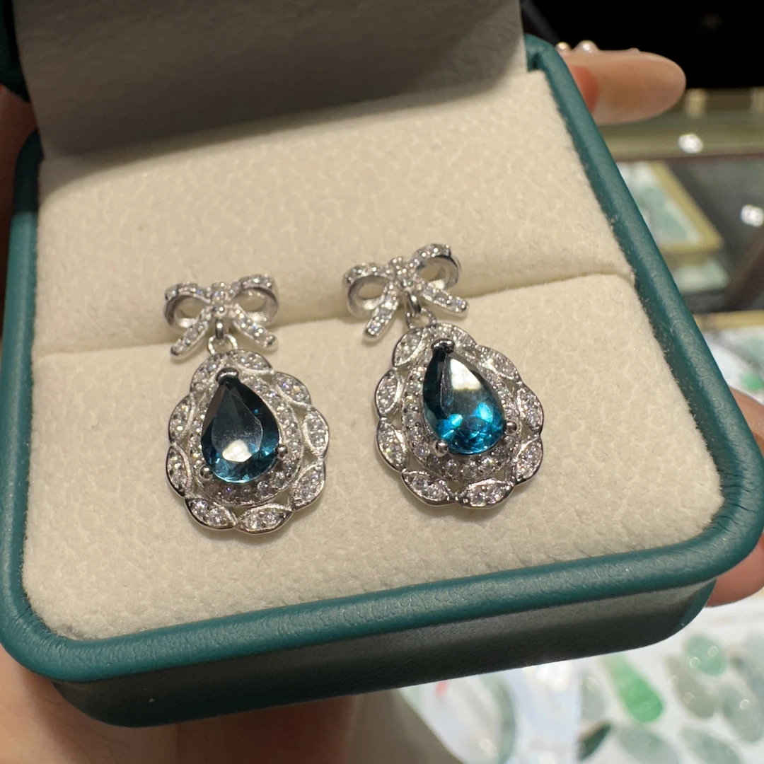 【300】天然托帕石伦敦蓝耳钉公主款重工复古银s925