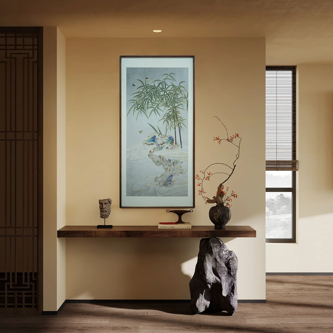 致绘描金《竹报平安》竖版走廊书房茶室玄关挂画中式高级艺术装饰画