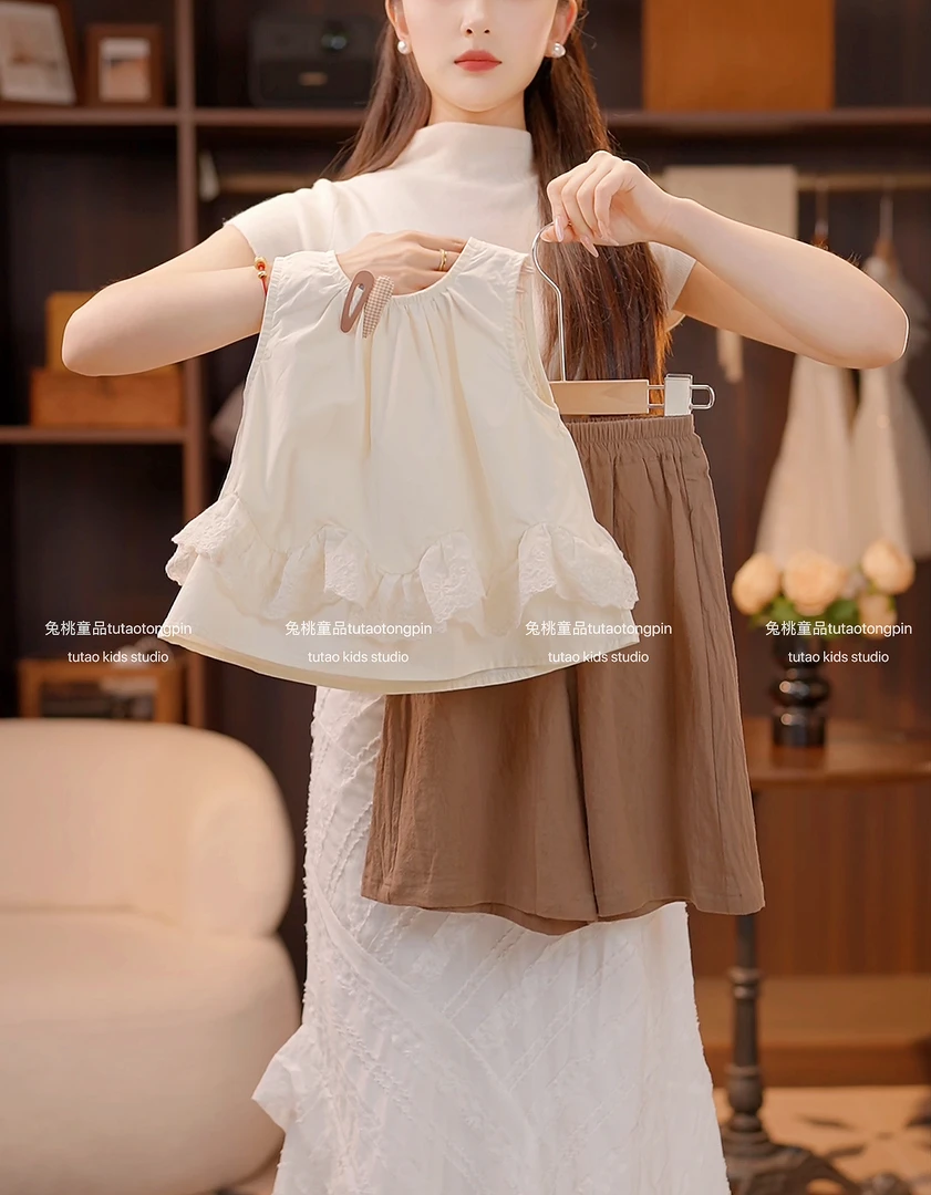 2025女童简约洋气蕾丝花边休闲夏装森系短袖款+裤子两件套时尚