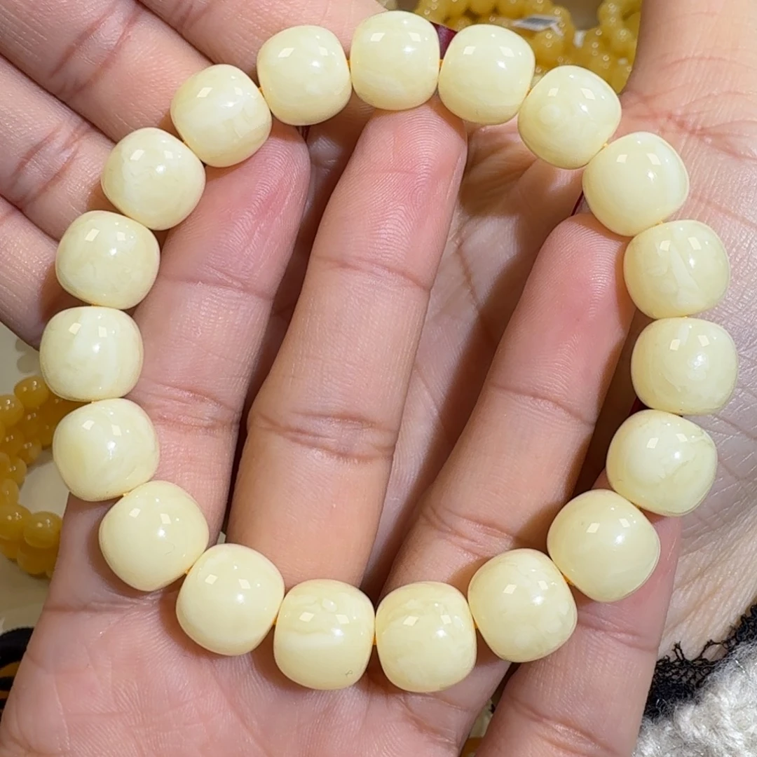 琥珀未镶嵌珠宝奇石12m焦皮同料老型白花蜡手串19.7
