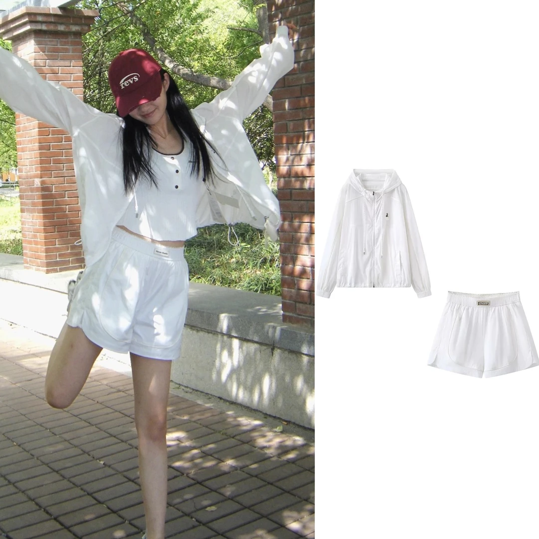 夏季新款宽松休闲百搭防晒服连帽外套短裤套装【8166】