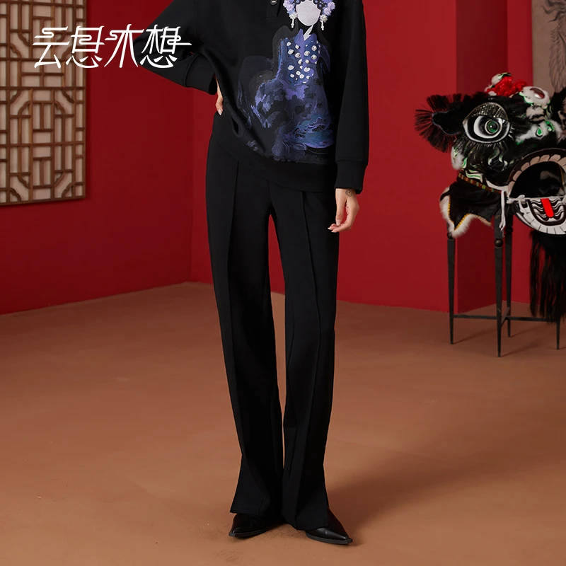 云思木想新中式2024早春新款裤脚开叉分割线直筒休闲裤11232