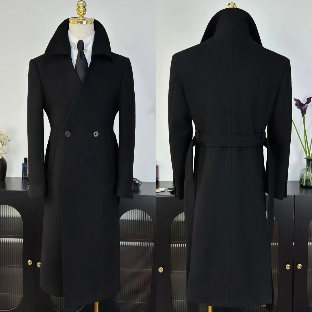 【西蒙曹】男士秋冬时尚经典修身羊毛中长款翻领V领腰带大衣