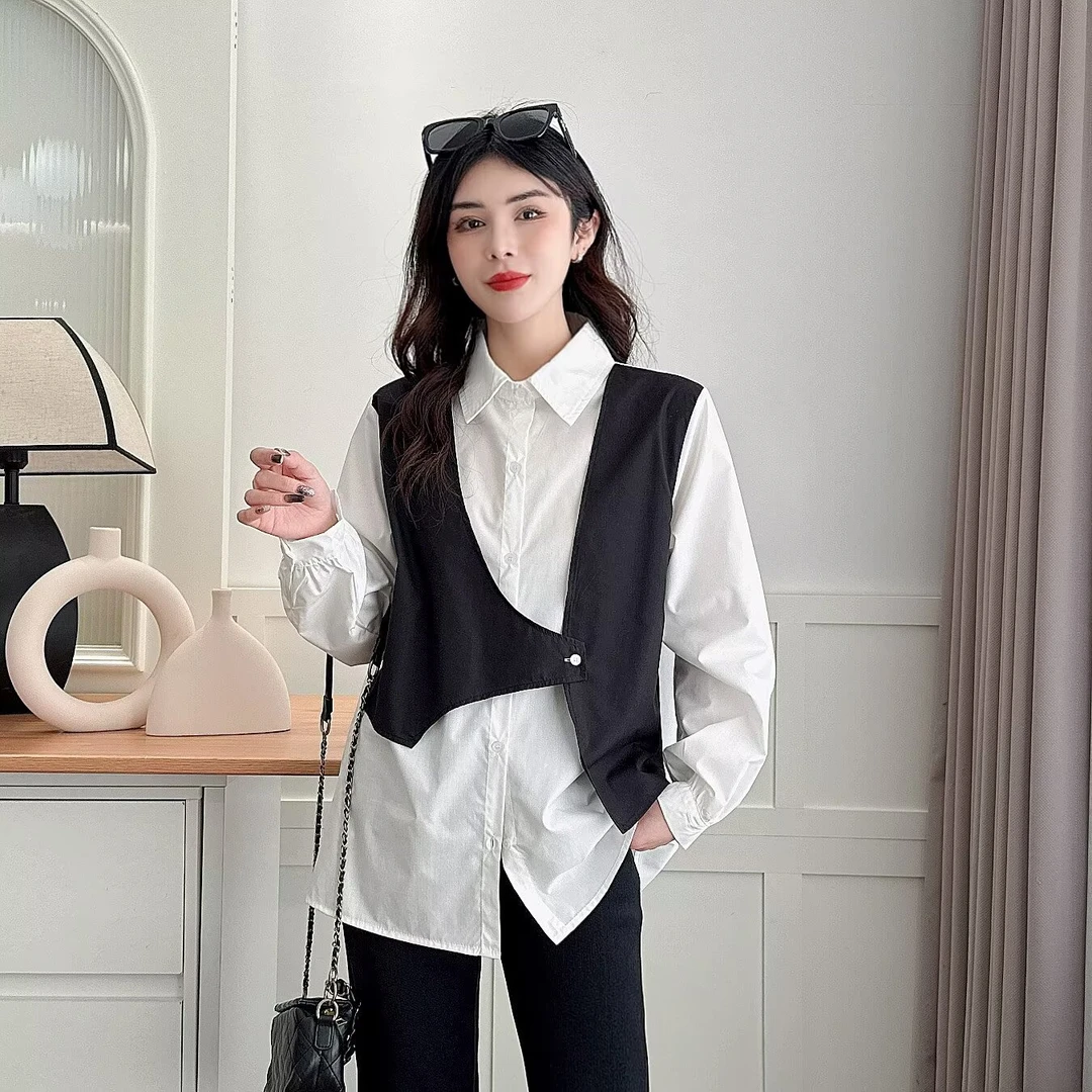 大码春季新款时尚气质减龄设计感假两件显瘦衬衫820