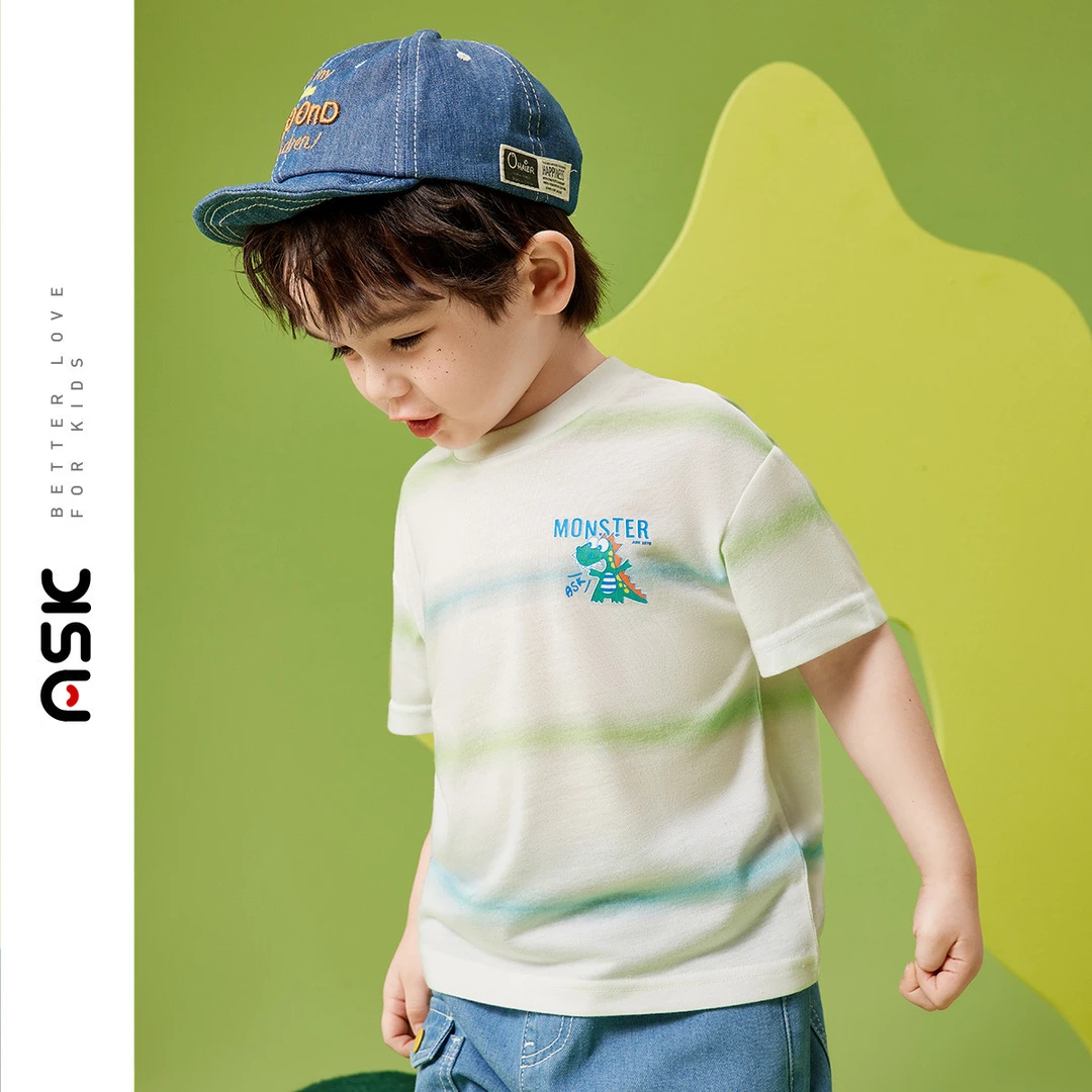 【新款童装】男童短袖T恤夏薄款小童条纹渐变休闲跑步打底衫2025