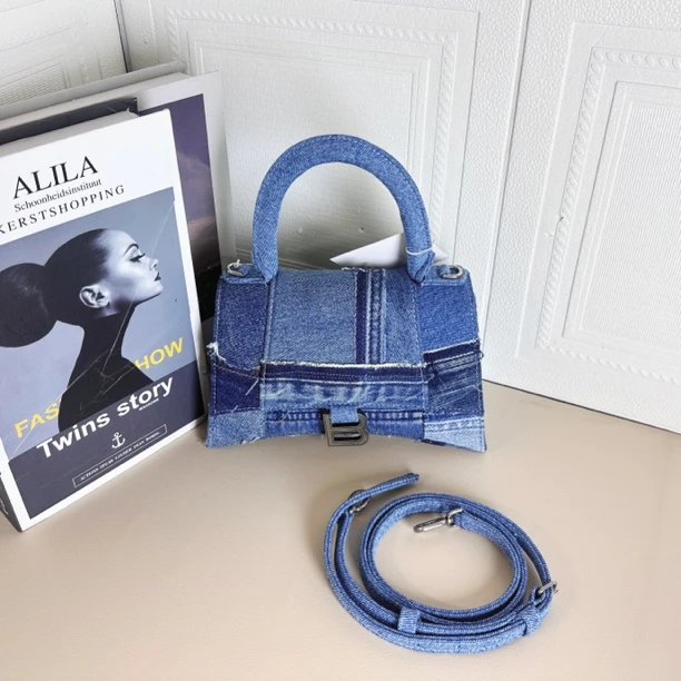 95新 Balenciaga/巴黎世家 牛仔百家布沙漏手提包斜挎包