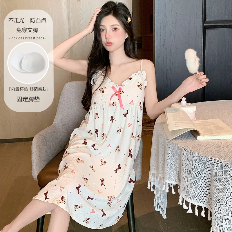 夏季新款吊带睡裙女款卡通小狗蝴蝶结带胸垫中长款宽松睡衣家居服