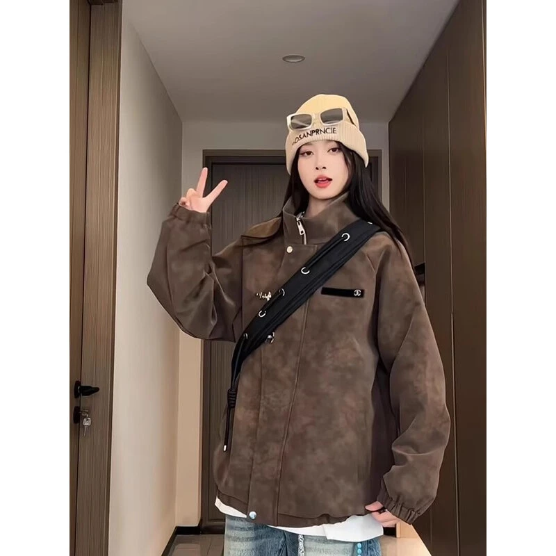 PLQV扎染咖色皮衣外套男设计感小众新中式夹克美式复古立领棒球服