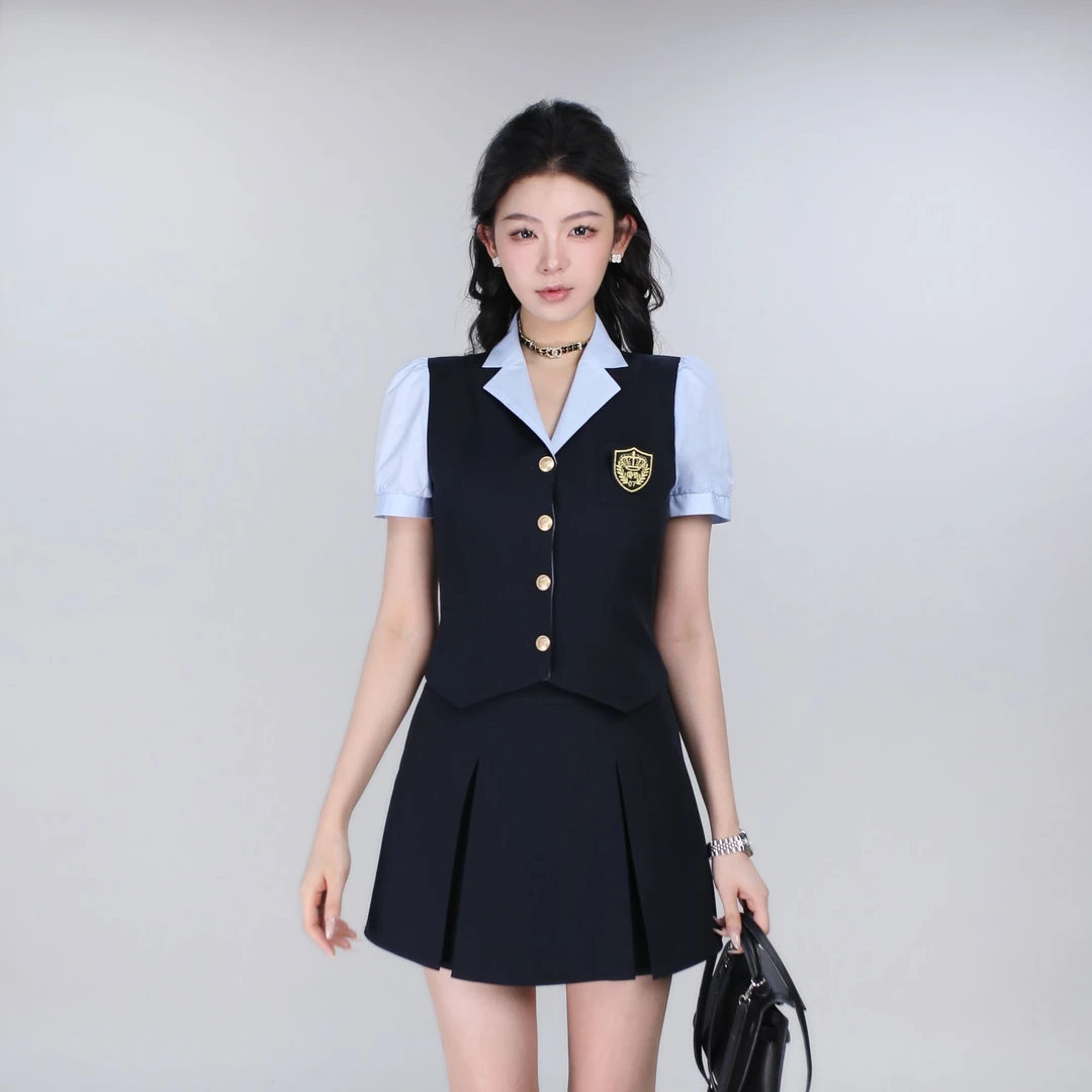 【千金驾到】夏季学院风设计感拼色系翻领微收腰显瘦女套装