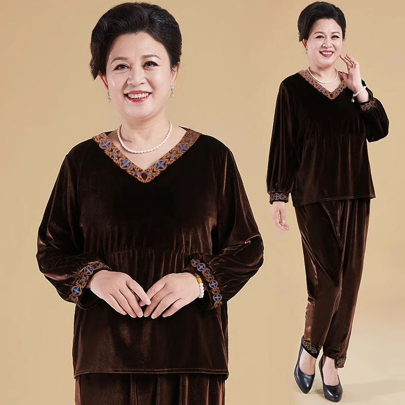 春秋新款金丝绒V领上衣刺绣拼接两件套中老年女装妈妈装气质套装