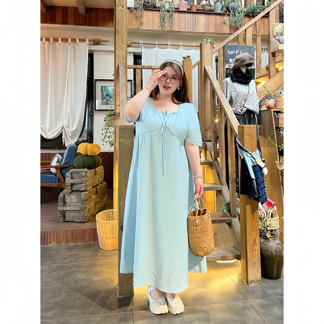 沙漏芭比 / 法式浪漫方领显瘦修腰连衣裙14486花契大码200斤胖mm