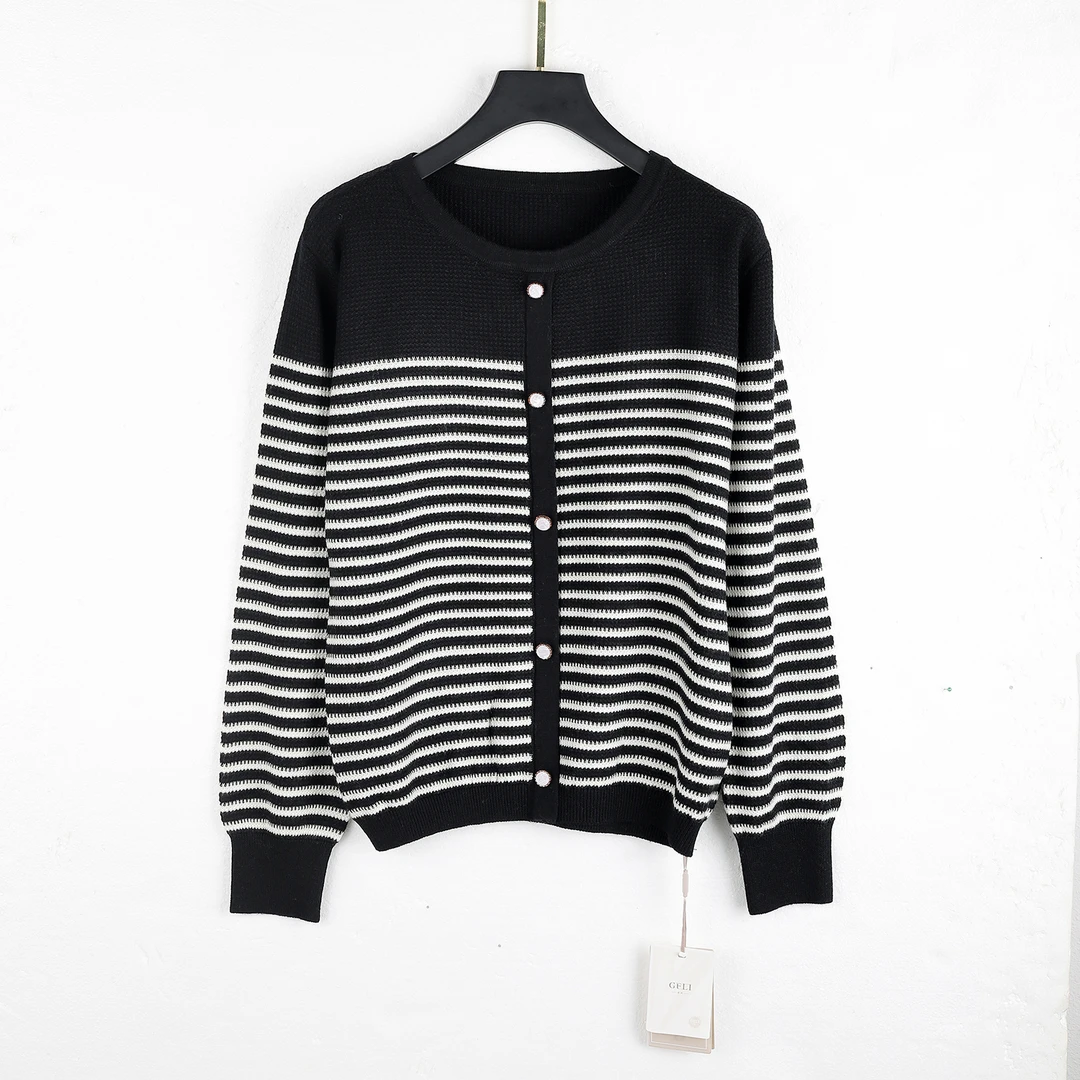【春季新款】 C7464黑色高端轻奢韩系设计感撞色条纹气质针织开衫