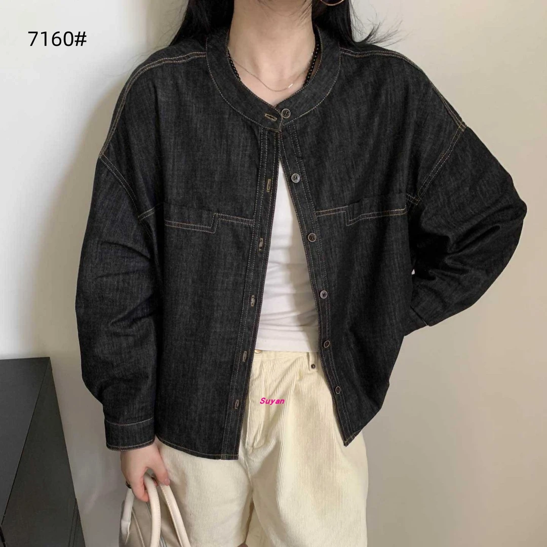 圆领单排扣明线牛仔外套女2025秋季韩版落肩长袖休闲时尚长袖夹克