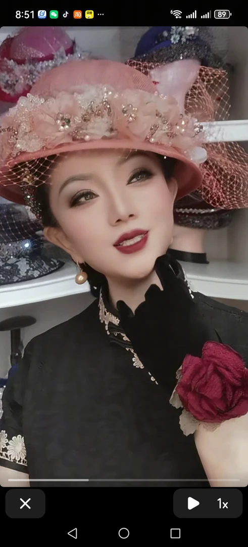 夏季亚麻沙重工水钻花朵橘红色高档礼帽时尚复古流行优雅帽子镶钻