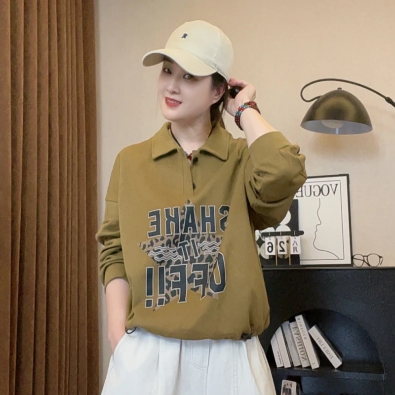 0469#翻领长袖印花秋季宽松型字母卫衣显瘦时尚百搭减龄卫衣